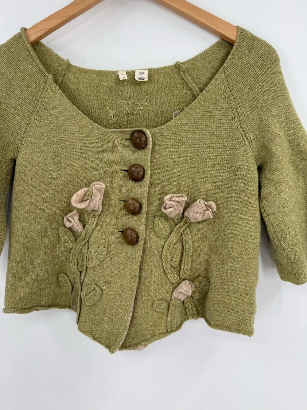 Anthropologie Moth Floral Applique 3/4 Sleeve Button Front Cardigan | Green | S